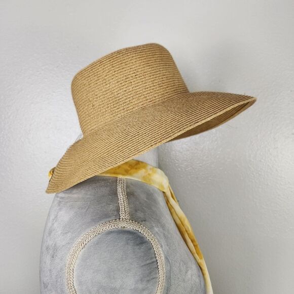 NWOT Nine West Tan Straw w/ Yellow Scarf Womens Panama Hat One Size - Picture 5 of 7